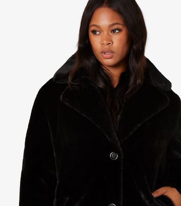 Apricot Curves Black Faux Fur Longline Coat New Look