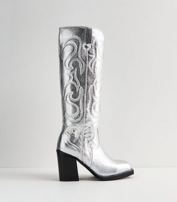 Public Desire Silver Block Heel Cowboy Boots New Look