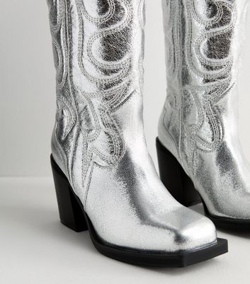 Public Desire Silver Block Heel Cowboy Boots New Look