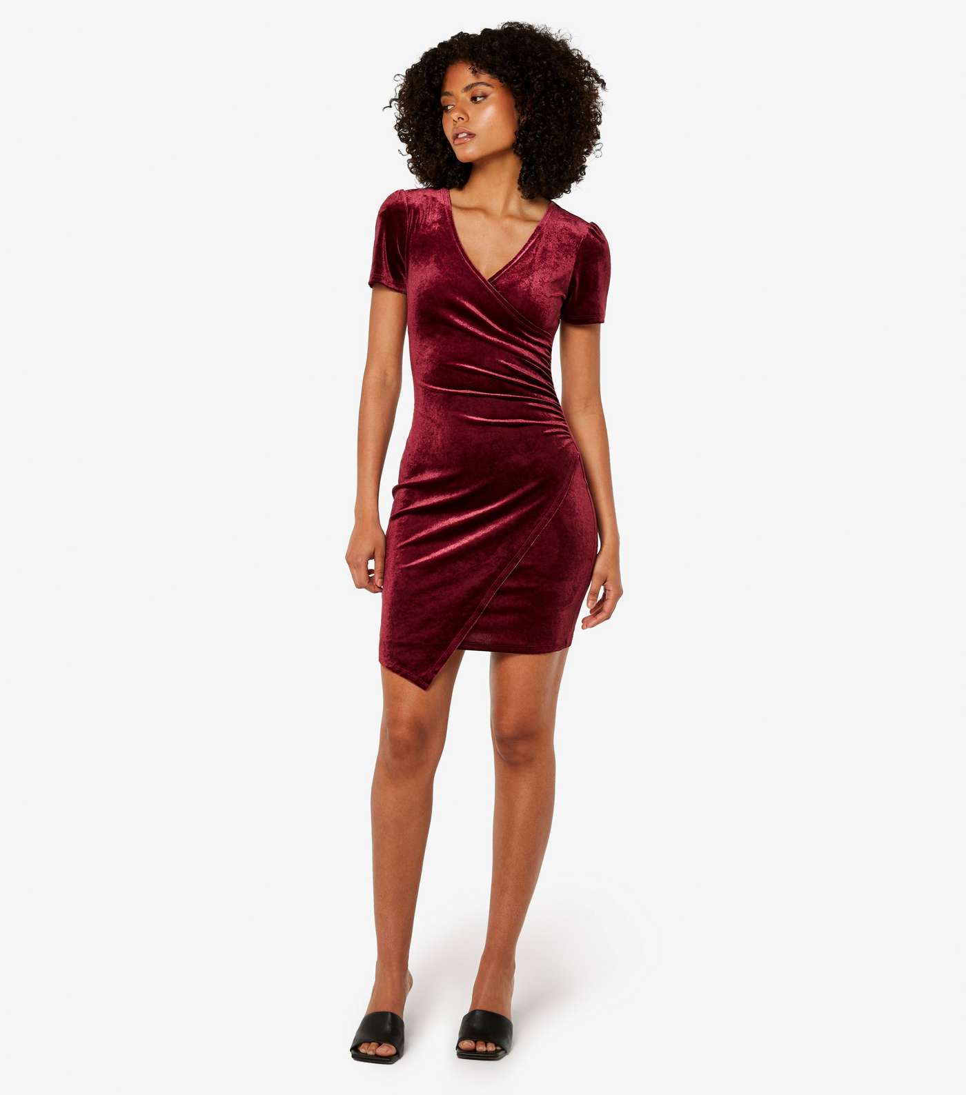 Apricot Burgundy Velvet Wrap Front Mini Dress Image 2
