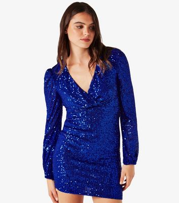 Apricot Blue Sequin Wrap Front Bodycon Mini Dress New Look