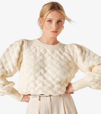 Apricot Cream Bubble Knit Puff Sleeve Jumper New Look