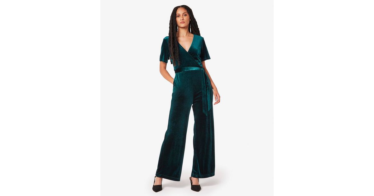 Apricot Dark Green Velvet Wrap Belted Wide Leg Jumpsuit New Look