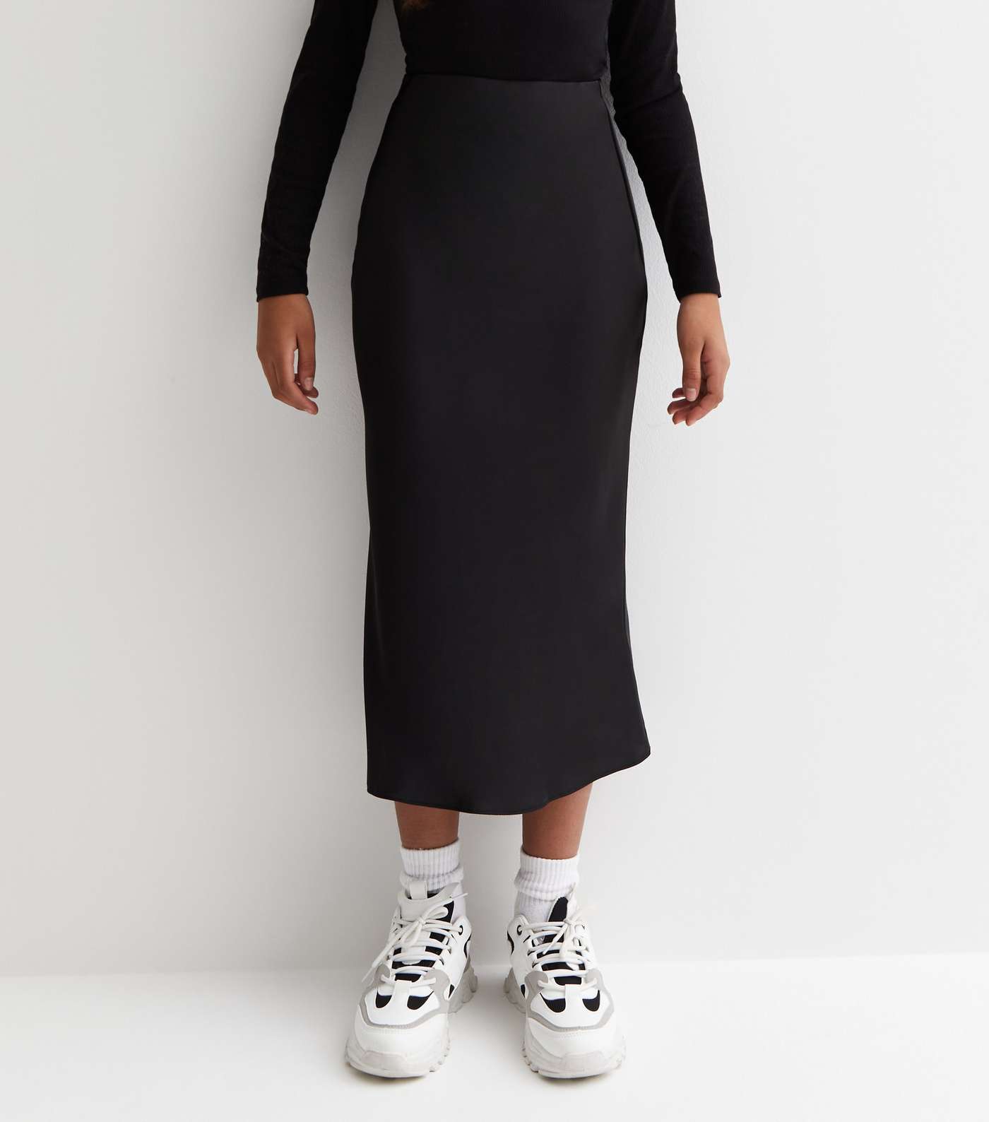 Girls Black Satin Midi Skirt Image 2
