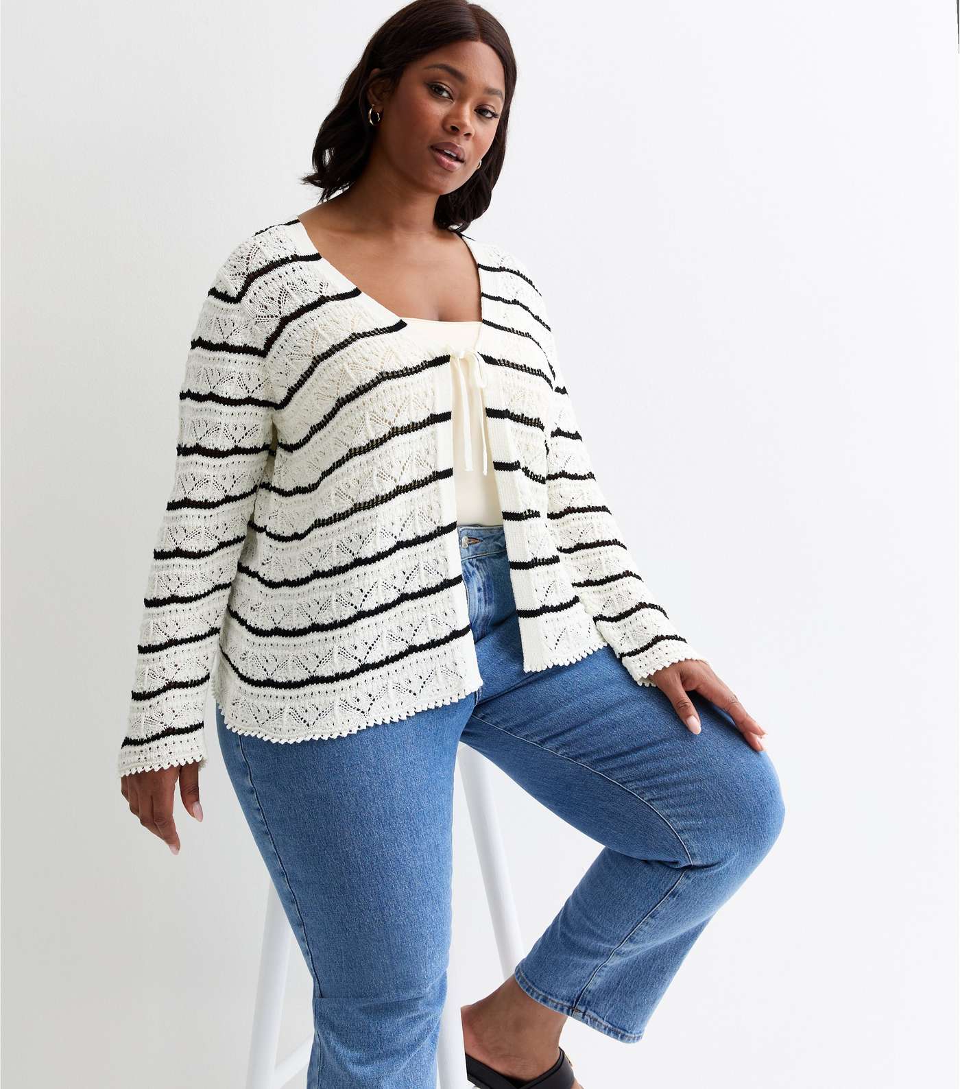 Curves Off White Stripe Stitch Knit Tie Front Cardigan Image 2