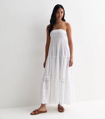 White Shirred Bandeau Broderie Beach Maxi Dress New Look