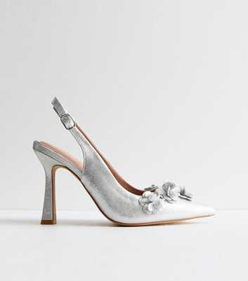 Silver Shimmer Corsage Flared Heel Court Shoes