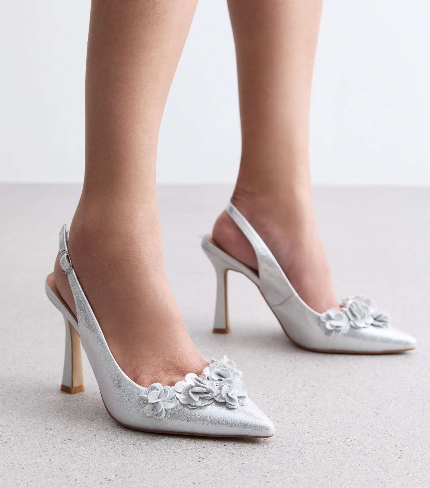 Silver Shimmer Corsage Flared Heel Court Shoes Image 2