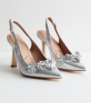 Silver Shimmer Corsage Flared Heel Court Shoes New Look