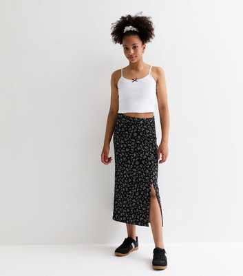 Girls Black Floral Print Split Side Midi Skirt