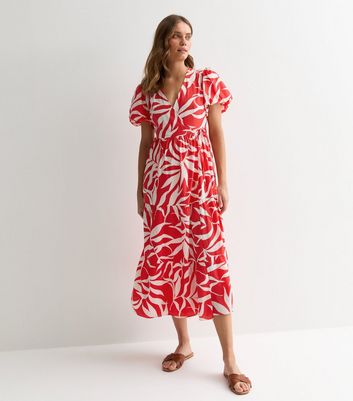 Red Leaf Print Puff Sleeve Midi Wrap Dress | New Look