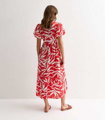 Red Leaf Print Puff Sleeve Midi Wrap Dress New Look