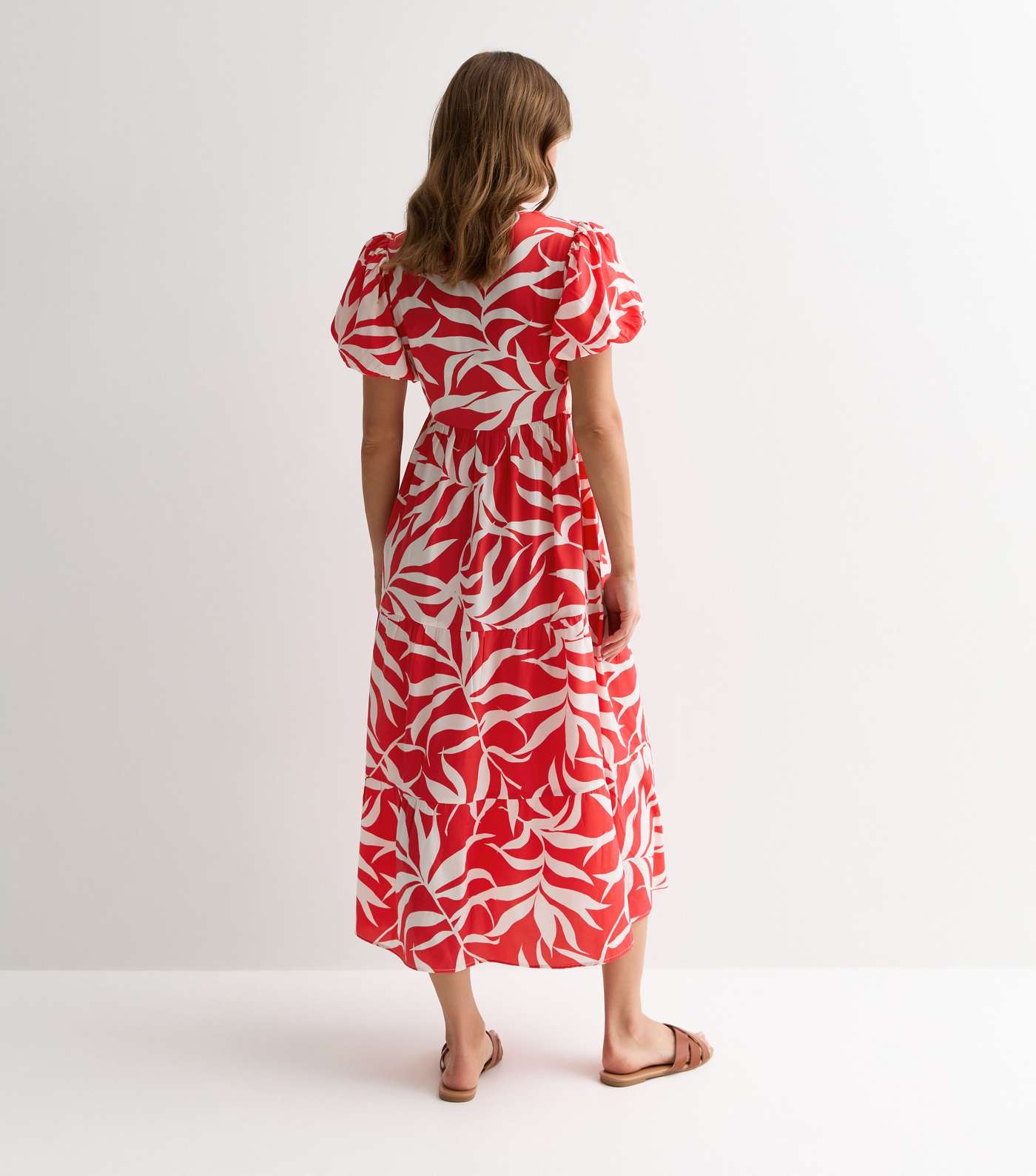 Red Leaf Print Puff Sleeve Midi Wrap Dress Image 4