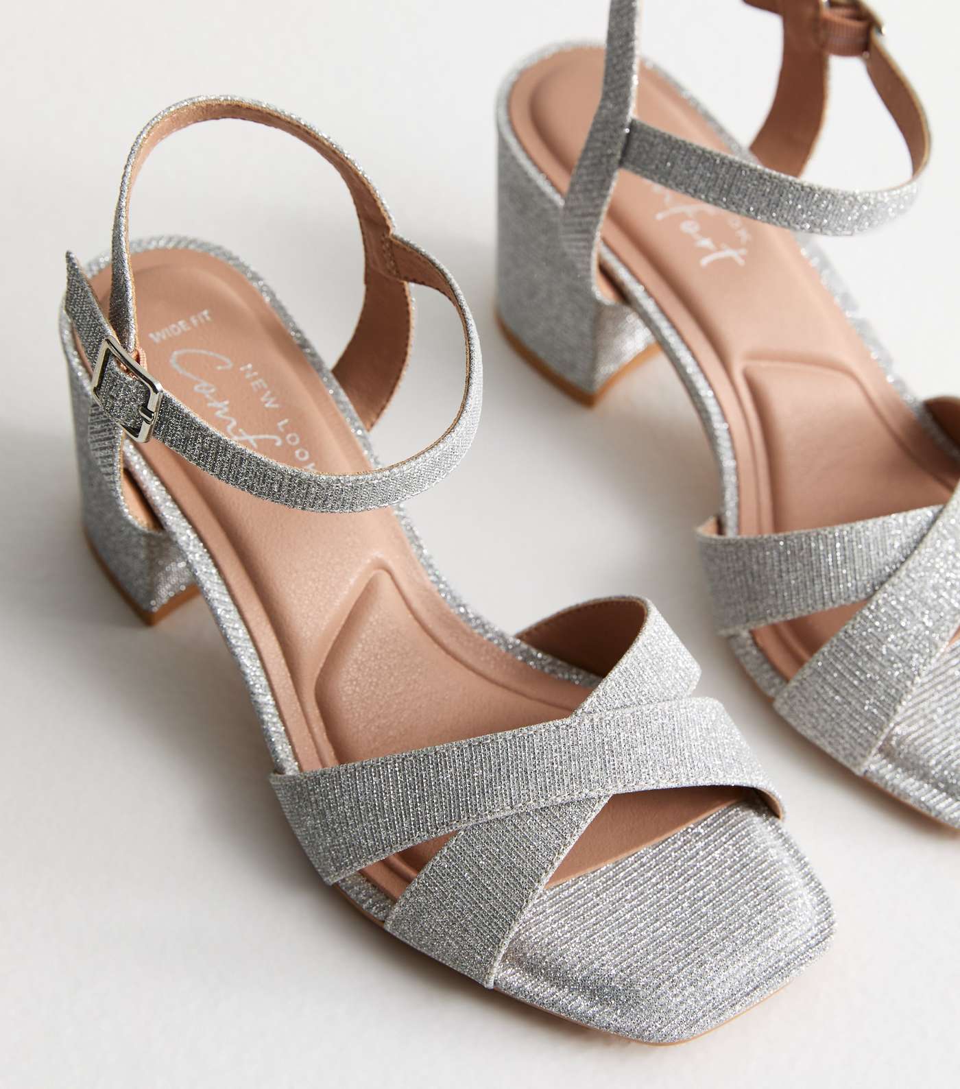 Wide Fit Silver Glitter Block Heel Sandals Image 3