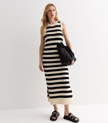 Black Stripe Knit Sleeveless Split Hem Midi Dress New Look