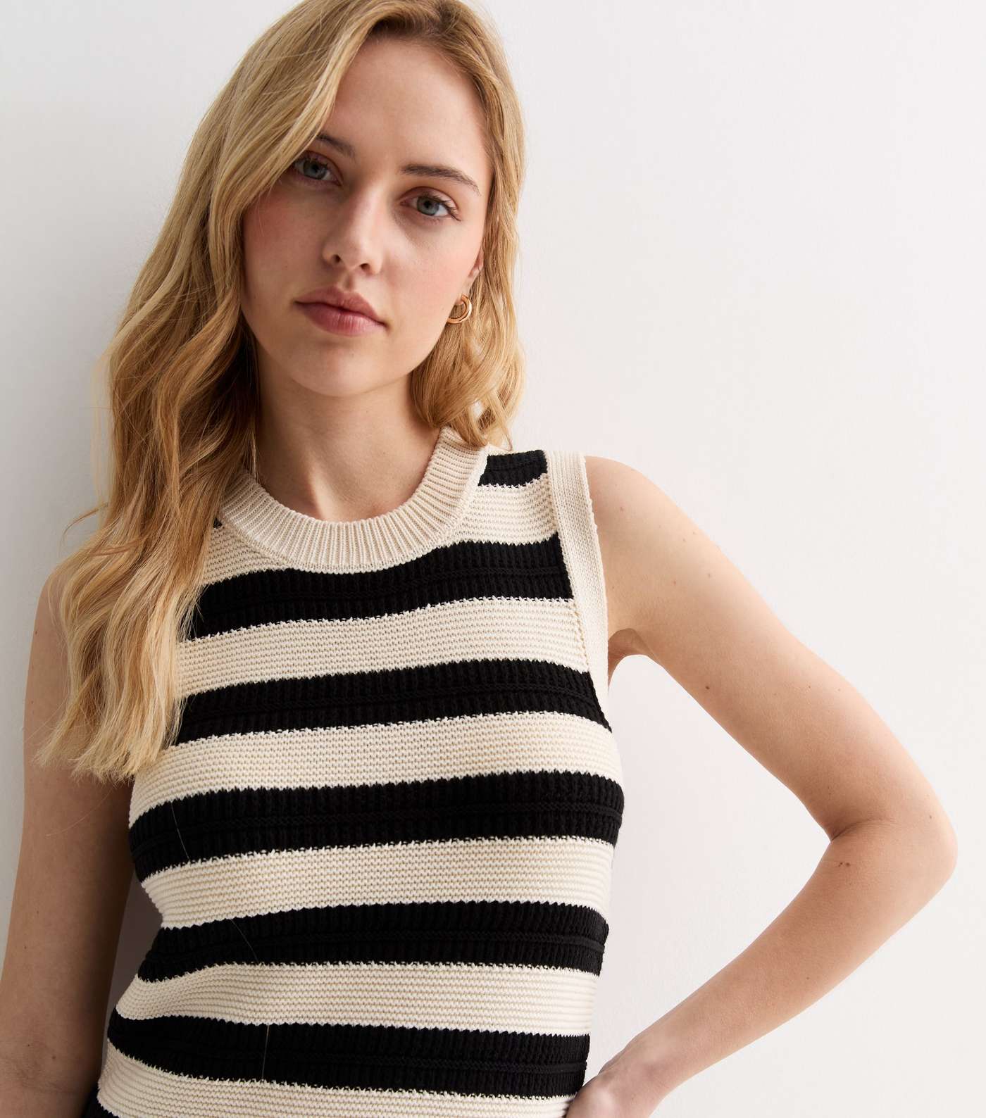 Black Stripe Knit Sleeveless Split Hem Midi Dress Image 2