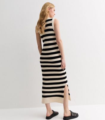 Black Stripe Knit Sleeveless Split Hem Midi Dress New Look