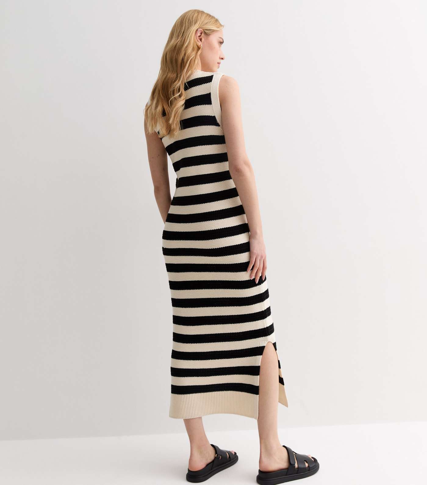 Black Stripe Knit Sleeveless Split Hem Midi Dress Image 4