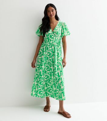Green Abstract Pattern Midi Wrap Dress New Look