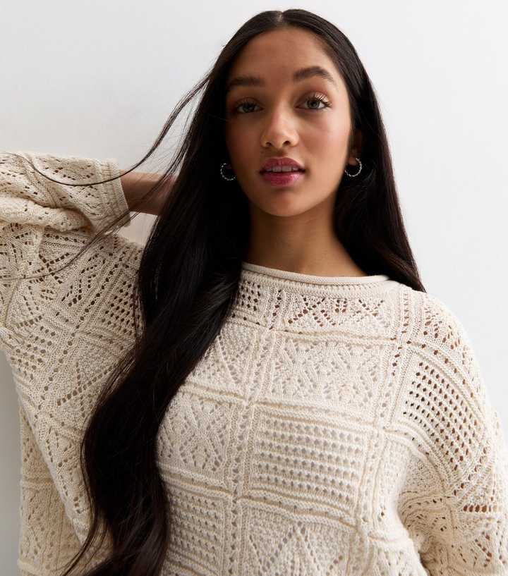 Girls Cream Crochet Crew Neck Jumper