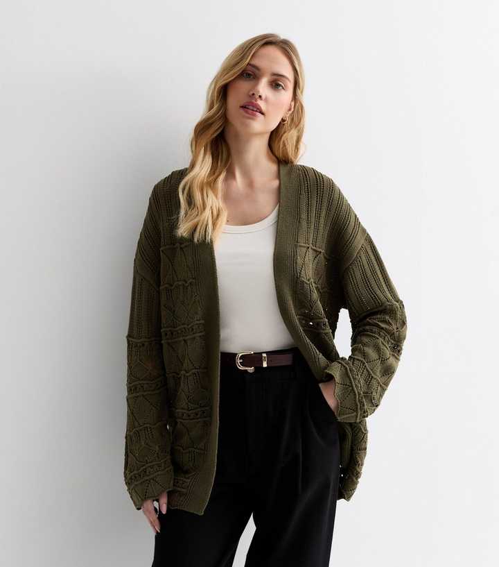 Olive Mixed Stitch Knit Cardigan