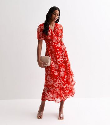Red Chiffon Floral Print Midi Wrap Dress New Look