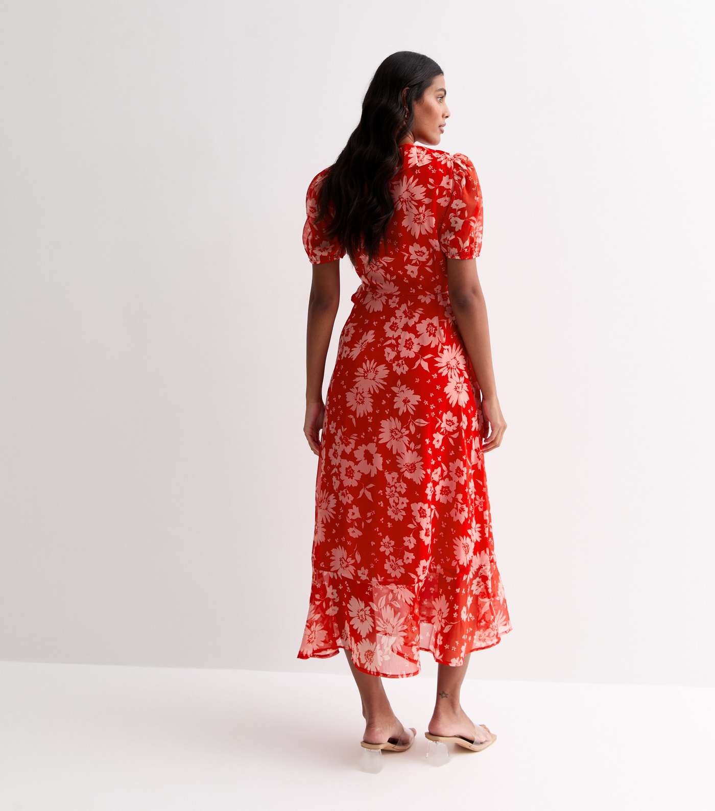 Red Chiffon Floral Print Midi Wrap Dress Image 4
