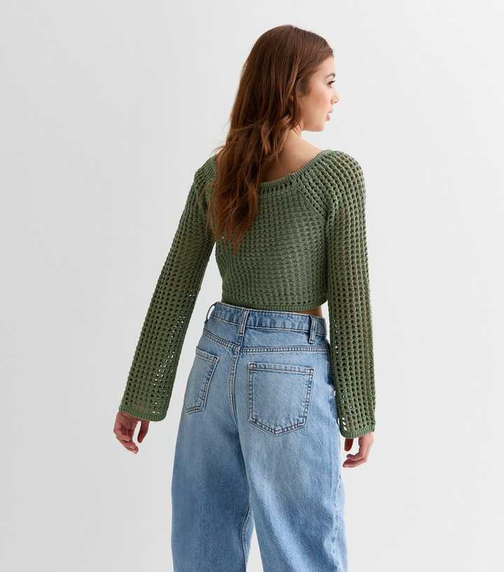 Girls Olive Open Knit Crop Jumper