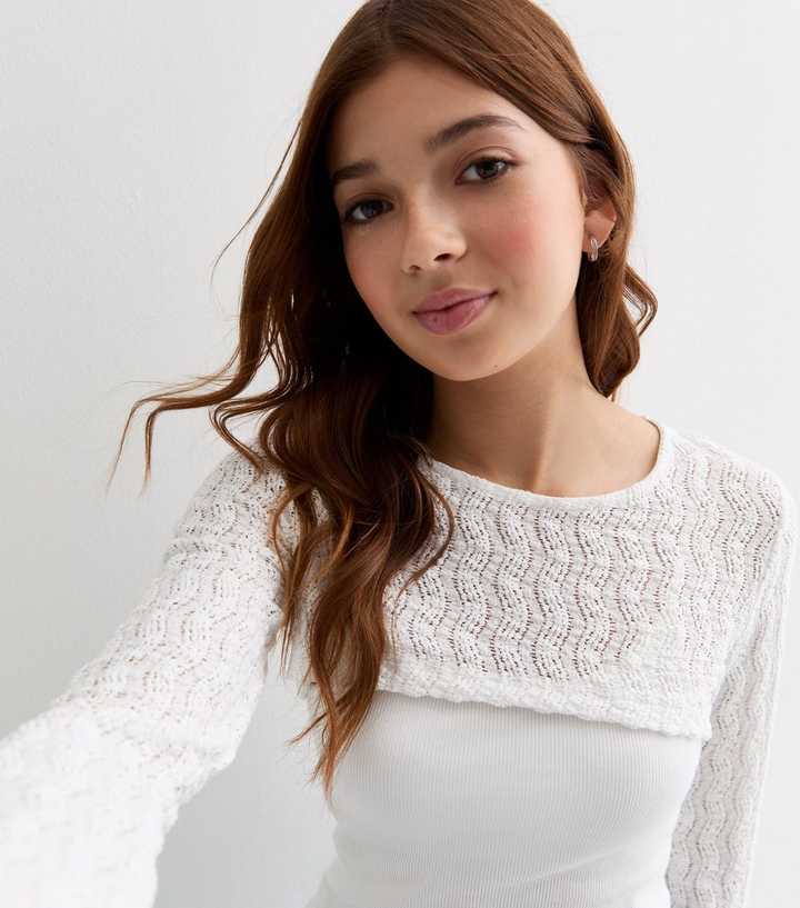 Girls White Open Knit 2-in-1 Top