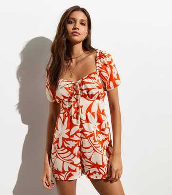 Red Leaf-Print Tie Playsuit 