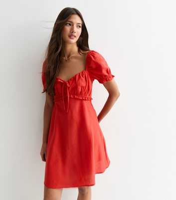 Red Puffed Sleeve Cotton Blend Mini Dress