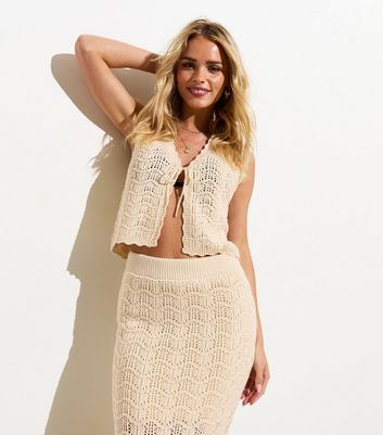 Petite Cream Wave-Stitch Midi Skirt New Look