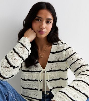 Petite White Stripe Stitch Knit Tie Front Cardigan New Look