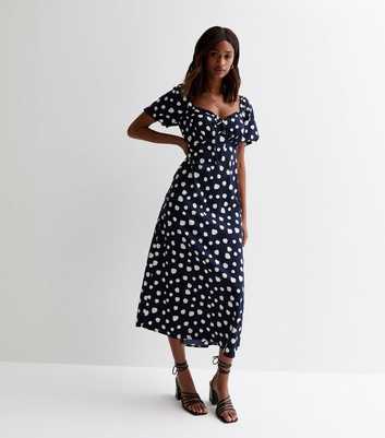 Blue Spot-Print Puff Sleeve Midi Dress