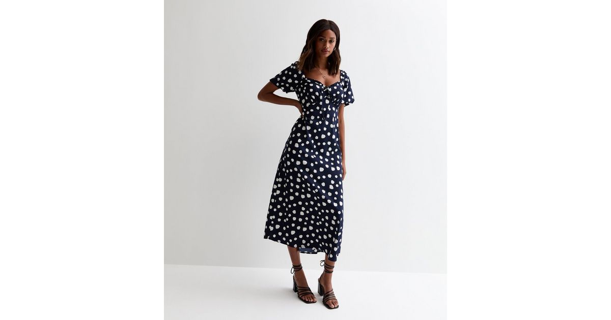 Blue Spot Puff Sleeve Milkmaid Midi Dress New Look 