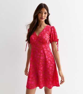 Red Floral-Print V-Neck Mini Dress