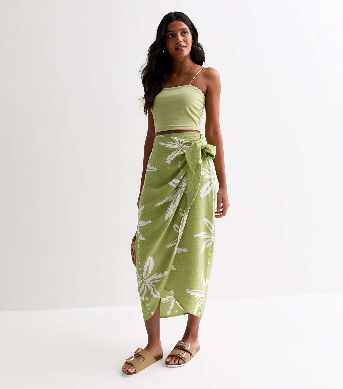 Green Palm Tree Print Sarong Midi Skirt Image 3