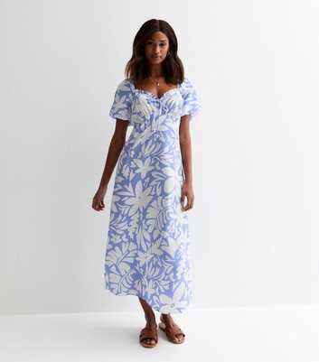 Blue Tropical-Print Puff Sleeve Midi Dress