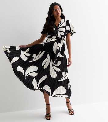 Black Abstract Print Satin Wrap Front Pleated Midi Dress