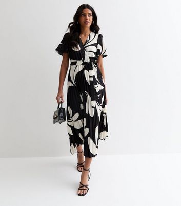 Black Abstract Print Satin Wrap Front Pleated Midi Dress New Look