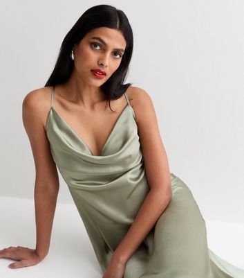 Light Green Satin Cowl Neck Strappy Midi Dress New Look