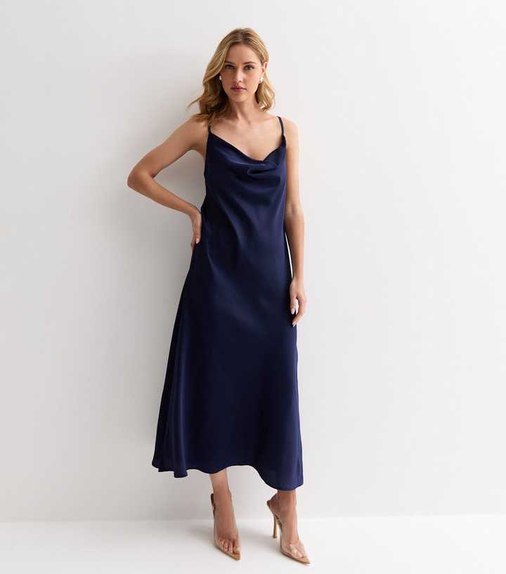 Navy Satin Cowl Neck Strappy Midi Dress | New Look
