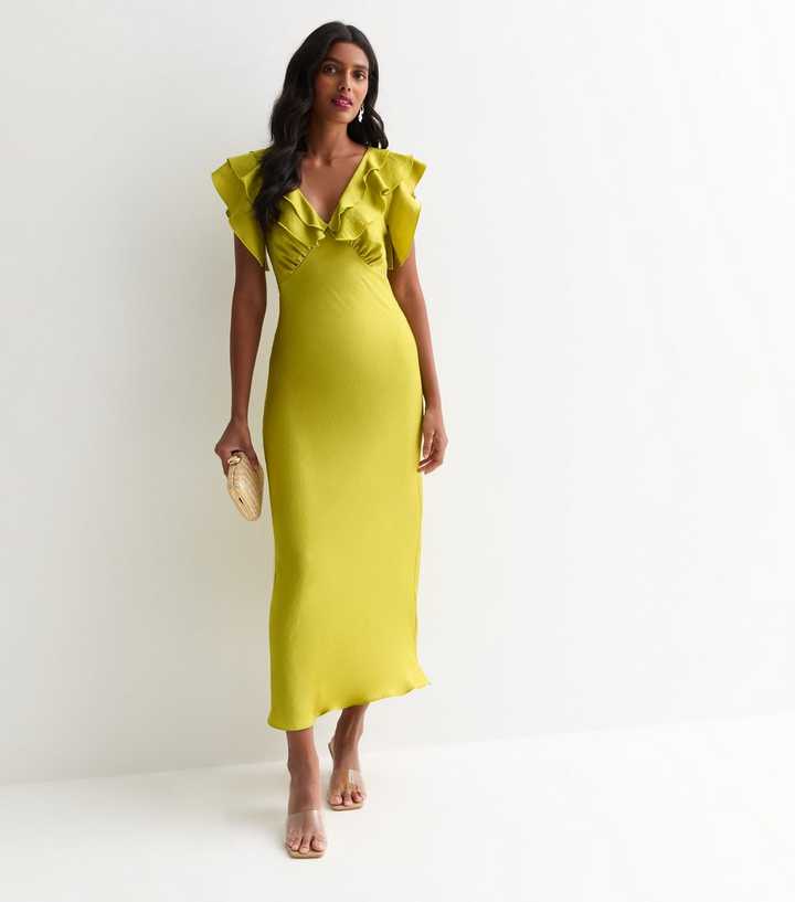 Green Ruffle V Neck Midi Slip Dress | New Look