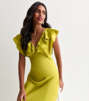 Green Ruffle V Neck Midi Slip Dress New Look