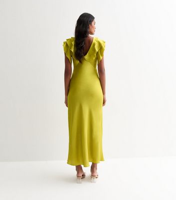 Green Ruffle V Neck Midi Slip Dress | New Look