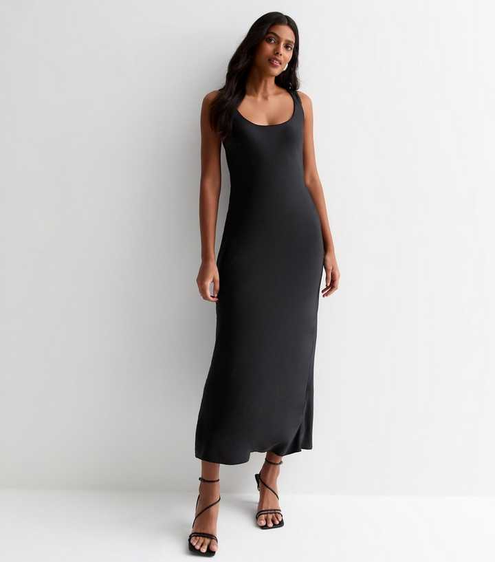 Black Satin Scoop-Neck Maxi Slip Dress