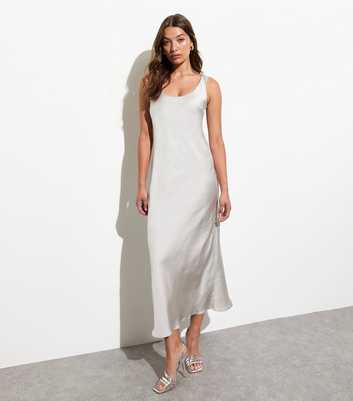 Grey Satin Scoop-Neck Maxi Slip Dress