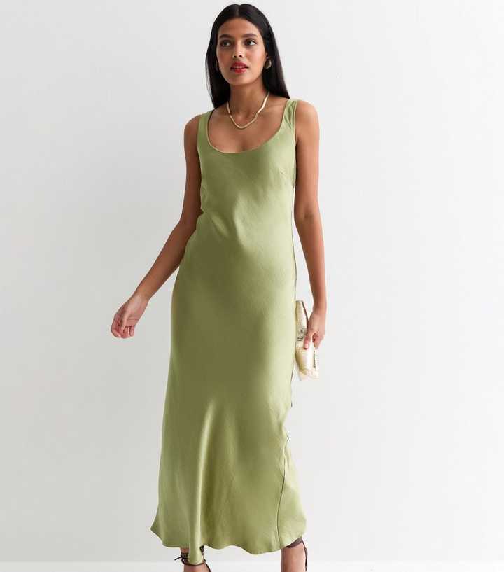 Olive Satin Scoop-Neck Maxi Slip Dress