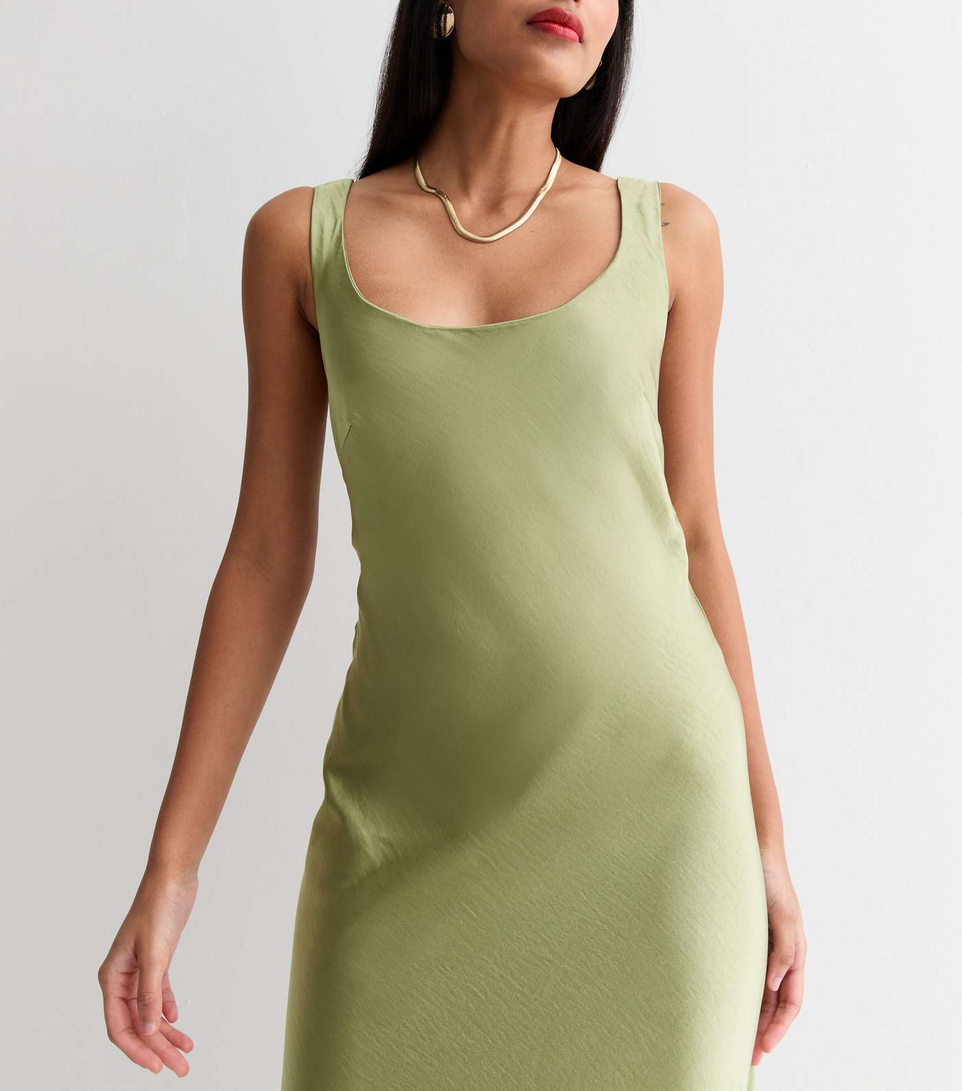 Olive Satin Scoop Neck Midaxi Slip Dress Image 3