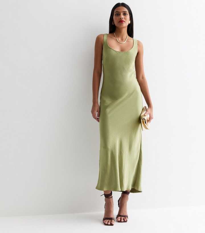 new look satin dress Sage Green Satin Halter Neck Dress With Lace-Up Back